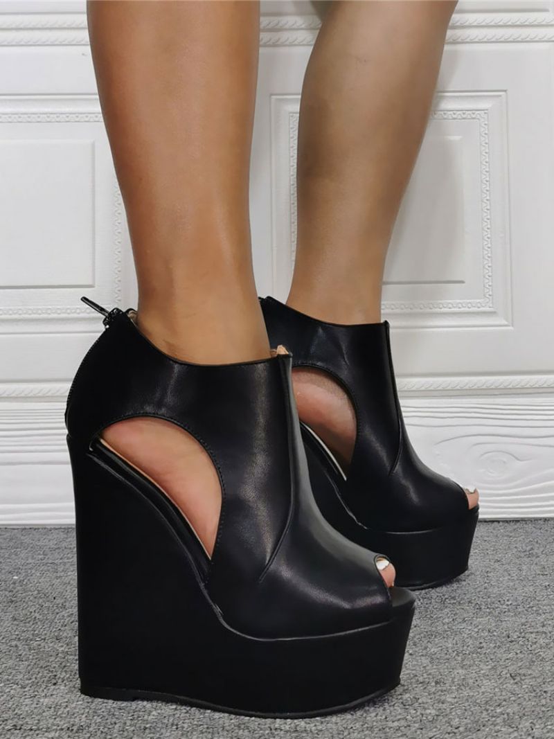 Seksowne Sandały Damskie CZarne Pu Skórzane Peep Toe 1 8 "6 1" Buty W Dużych Rozmiarach - Czarny