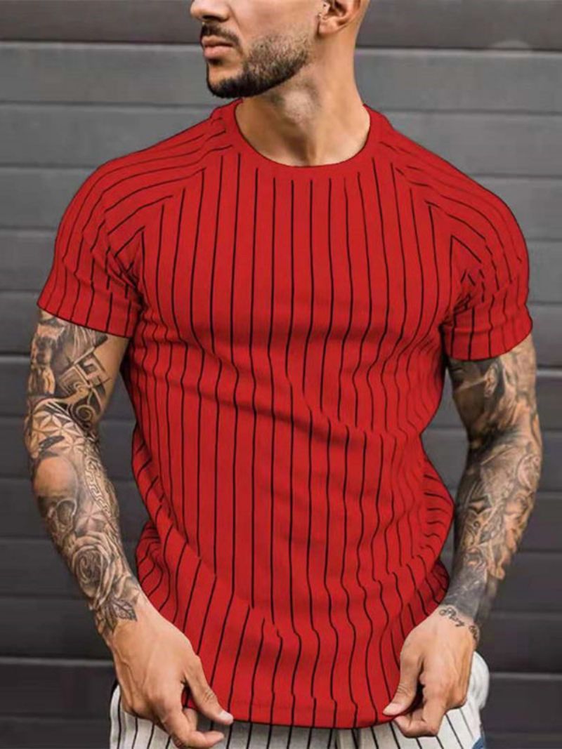 T-shirty Męskie Casual W Paski Z Biżuterią Krótkimi Rękawami - Czerwony