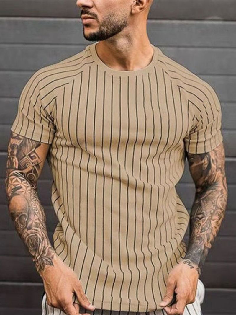 T-shirty Męskie Casual W Paski Z Biżuterią Krótkimi Rękawami - Khaki