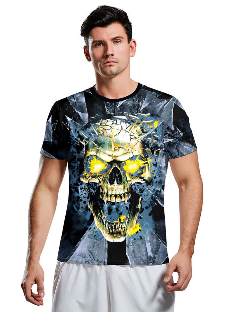 T-shirty Męskie Straszny Halloweenowy Wzór Węża Szkieletowa Bluzka Z Krótkim Rękawem I Dekoltem W Kształcie Klejnotu - Głęboki Błękit