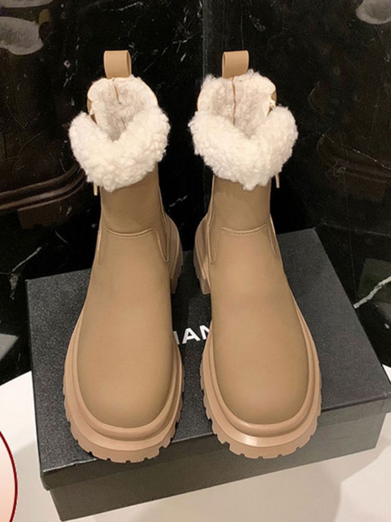 Damskie Buty Zimowe Khaki Zipper Round Toe Krótkie Pluszowe Botki - Khaki