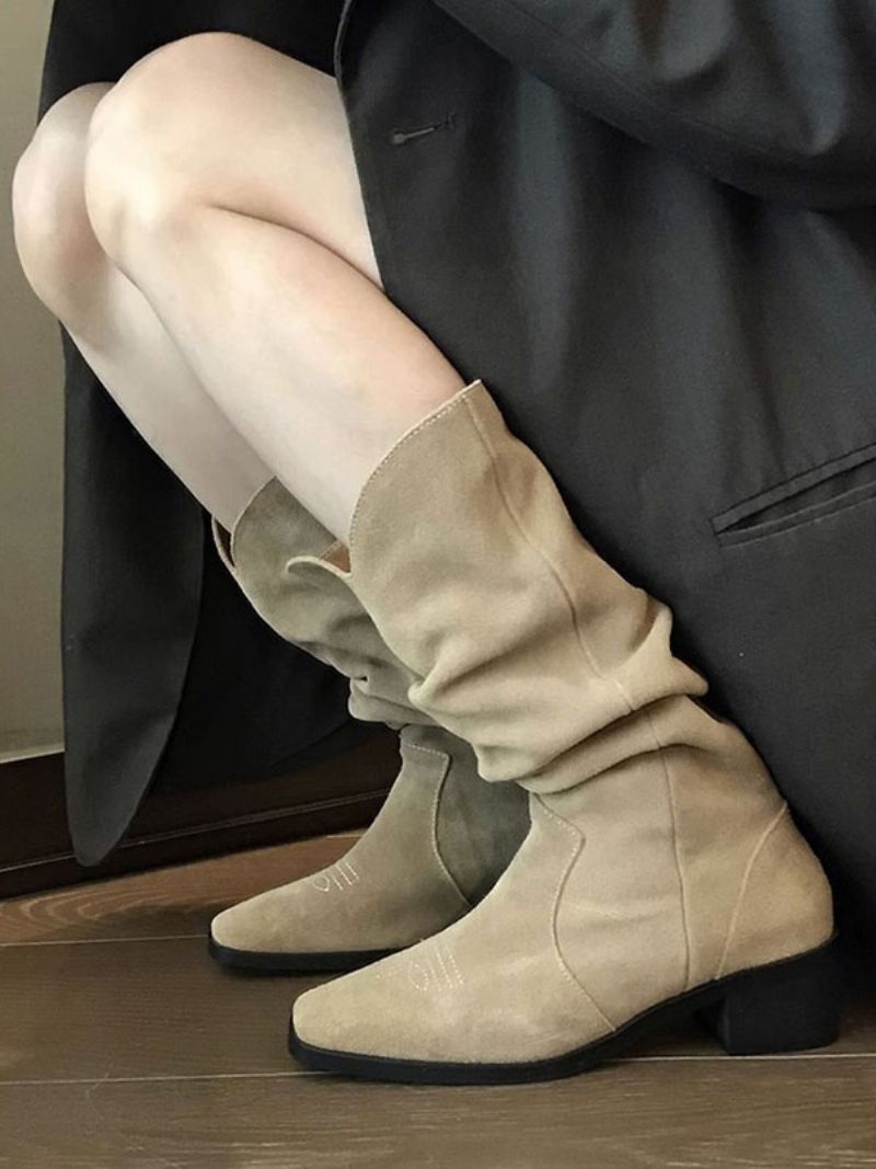 Damskie Zamszowe Buty Typu Slouch Pointed Toe Na Grubym Obcasie Do Połowy Łydki