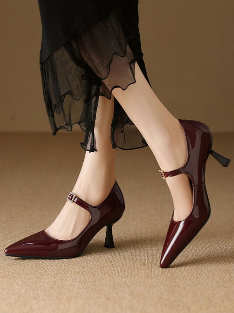 Damskie Buty W Stylu Vintage Burgundowe Lakierowane Ze Szpiczastym Noskiem