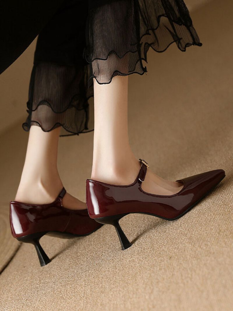 Damskie Buty W Stylu Vintage Burgundowe Lakierowane Ze Szpiczastym Noskiem - Bordowy