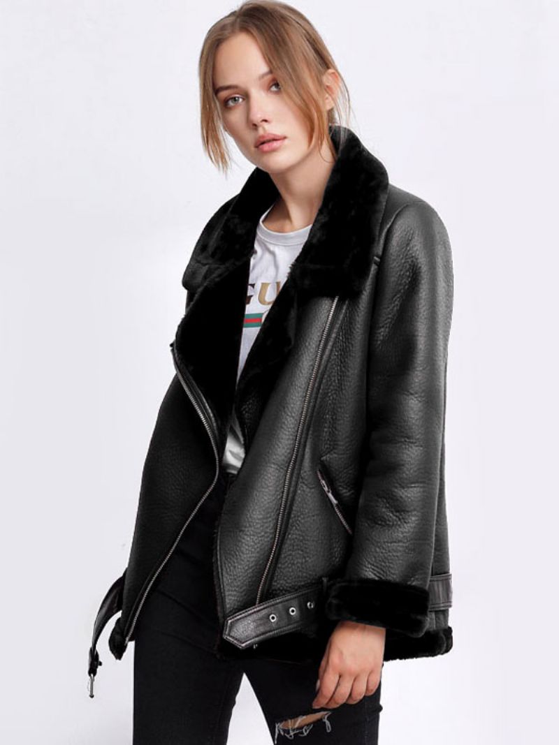 Damska Kurtka Skórzana Faux Shearling Pu Moto Jacket Zimowa Odzież Wierzchnia