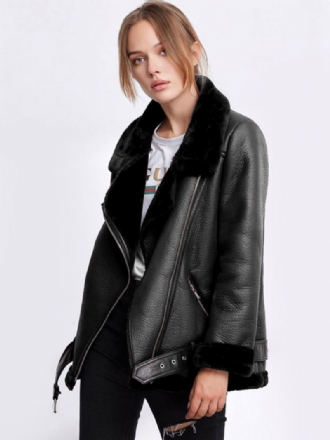 Damska Kurtka Skórzana Faux Shearling Pu Moto Jacket Zimowa Odzież Wierzchnia