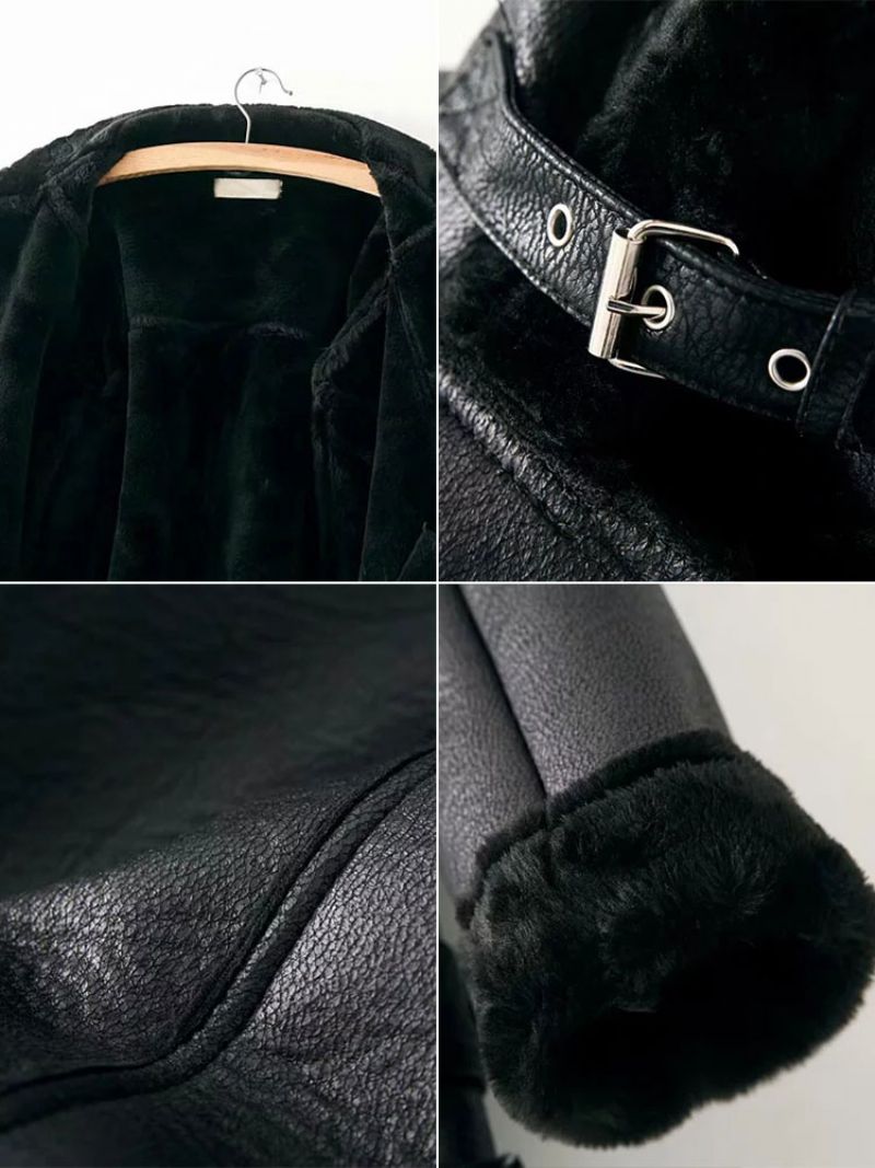 Damska Kurtka Skórzana Faux Shearling Pu Moto Jacket Zimowa Odzież Wierzchnia - Czarny