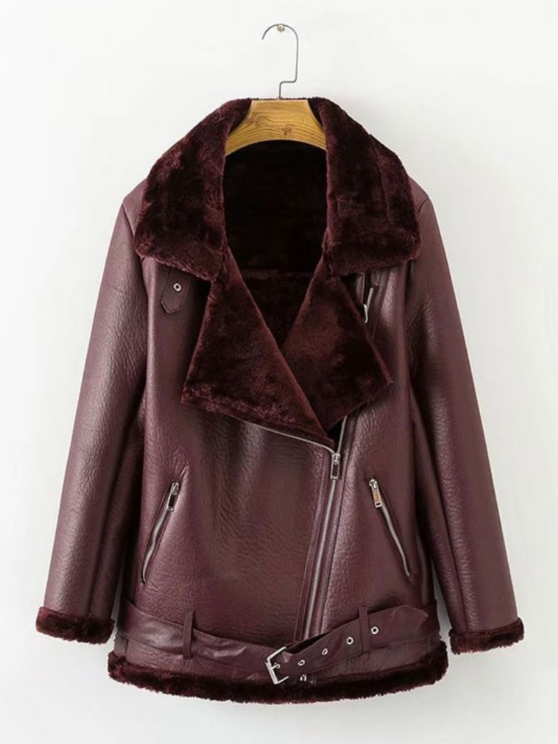 Damska Kurtka Skórzana Faux Shearling Pu Moto Jacket Zimowa Odzież Wierzchnia - Bordowy