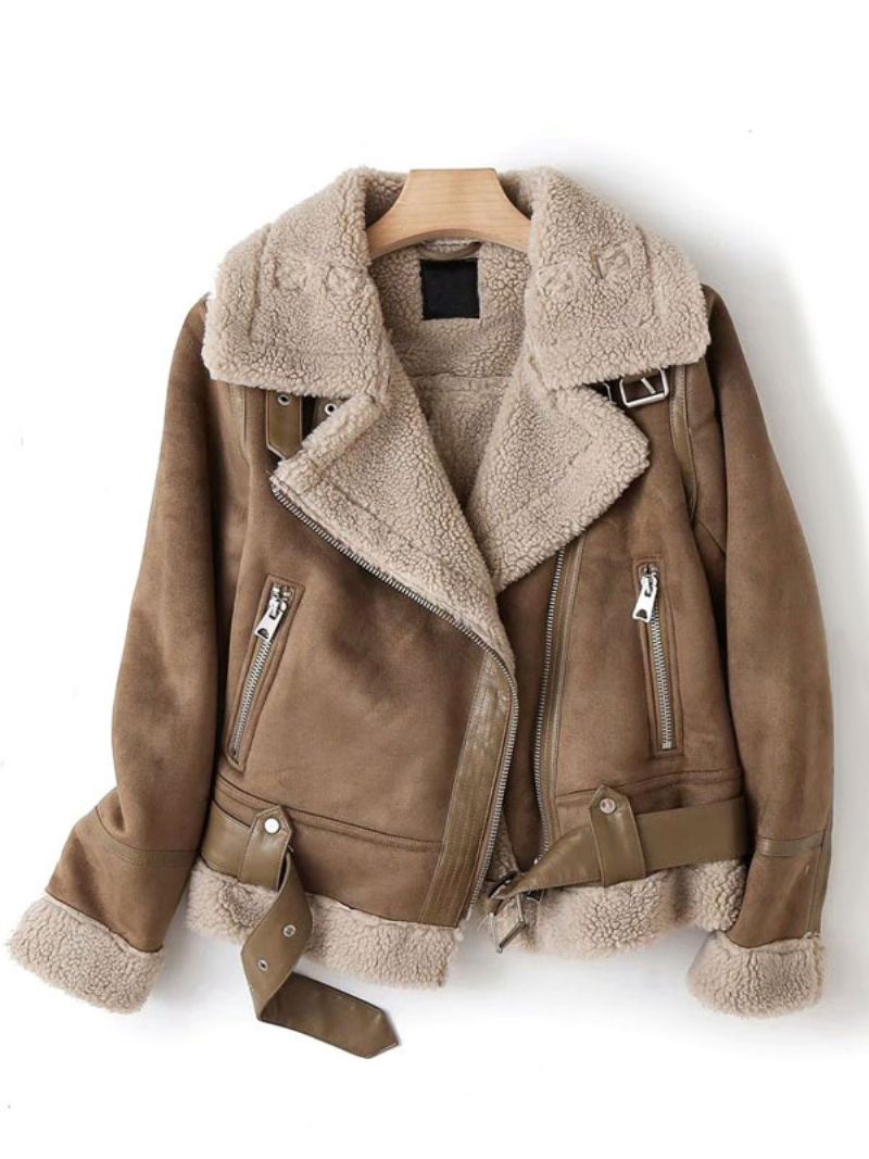 Kurtka Zamszowa Faux Shearling Płaszcz Zimowy 2024 Odzież Wierzchnia Dla Kobiet - Khaki