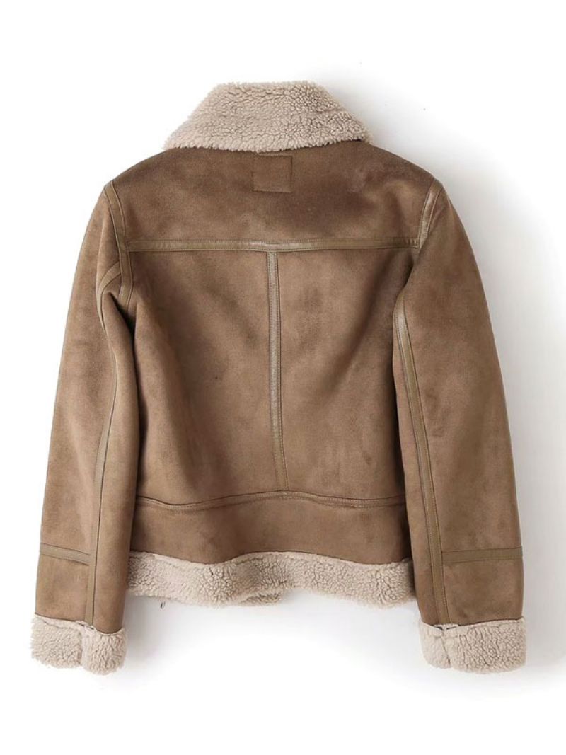 Kurtka Zamszowa Faux Shearling Płaszcz Zimowy 2024 Odzież Wierzchnia Dla Kobiet - Khaki