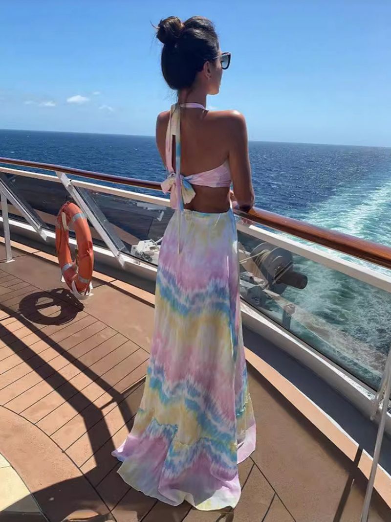 Damska Sukienka Boho Malowana Wiązana Na Szyi Szczegóły Backless Resort Casual Maxi Sukienki - Biały