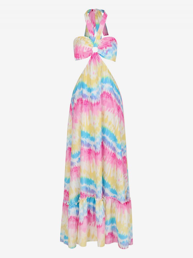 Damska Sukienka Boho Malowana Wiązana Na Szyi Szczegóły Backless Resort Casual Maxi Sukienki - Biały