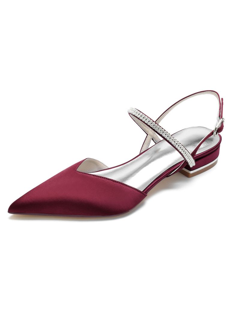 Damskie Buty Ślubne Z Kryształkami Mary Jane Slingback Satyny - Burgunda