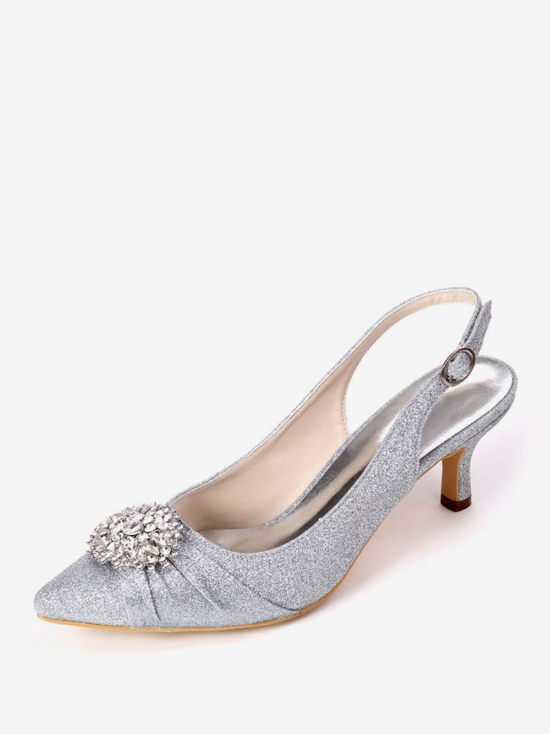 Damskie Buty Ślubne Z Kryształkami Slingback Kitten Obcasy