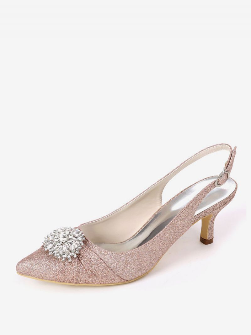 Damskie Buty Ślubne Z Kryształkami Slingback Kitten Obcasy - Szampan