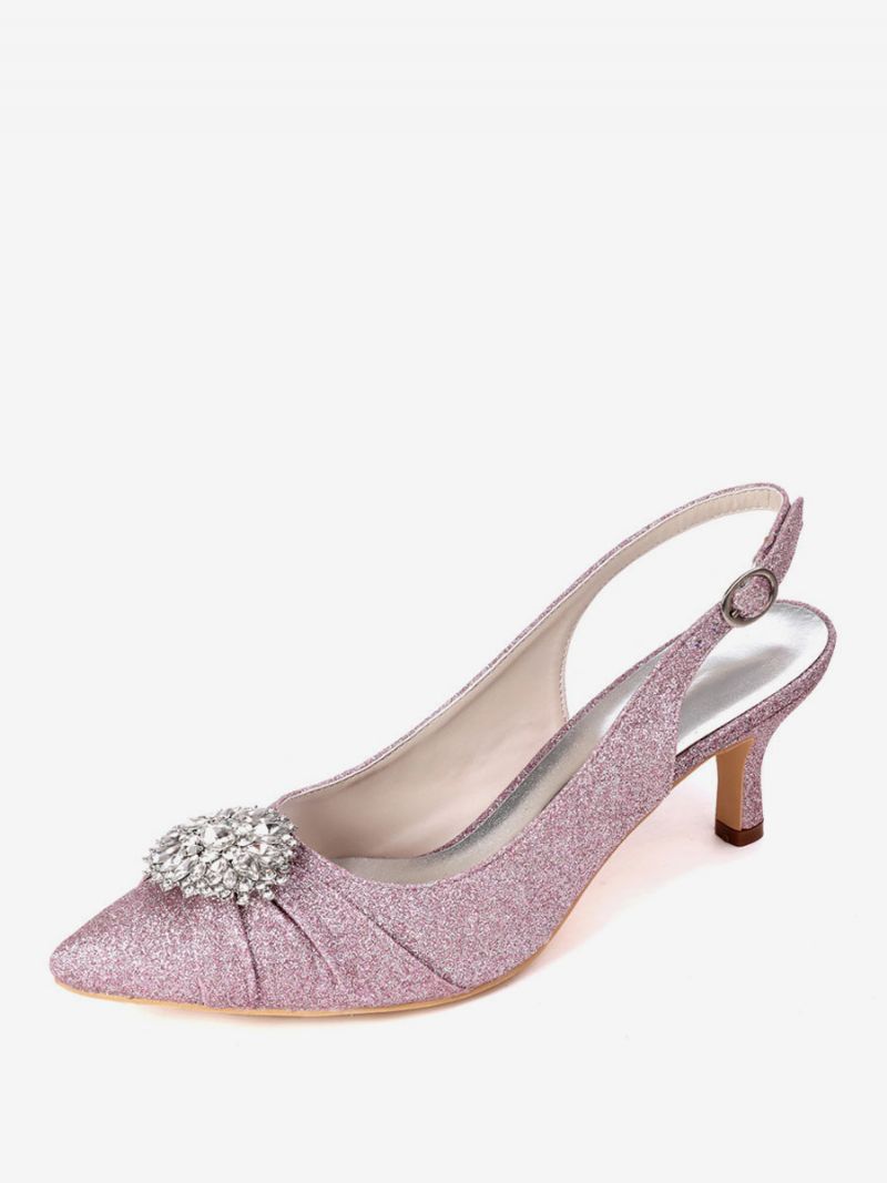 Damskie Buty Ślubne Z Kryształkami Slingback Kitten Obcasy - Liliowy