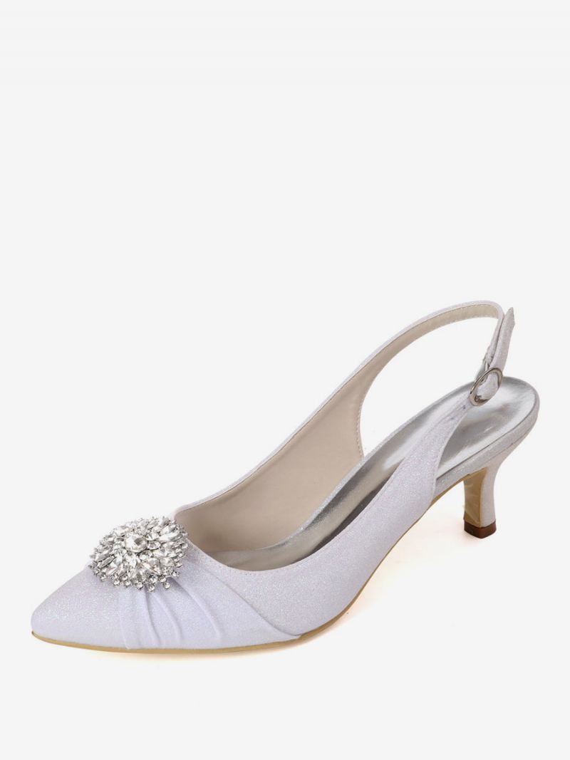 Damskie Buty Ślubne Z Kryształkami Slingback Kitten Obcasy - Biały