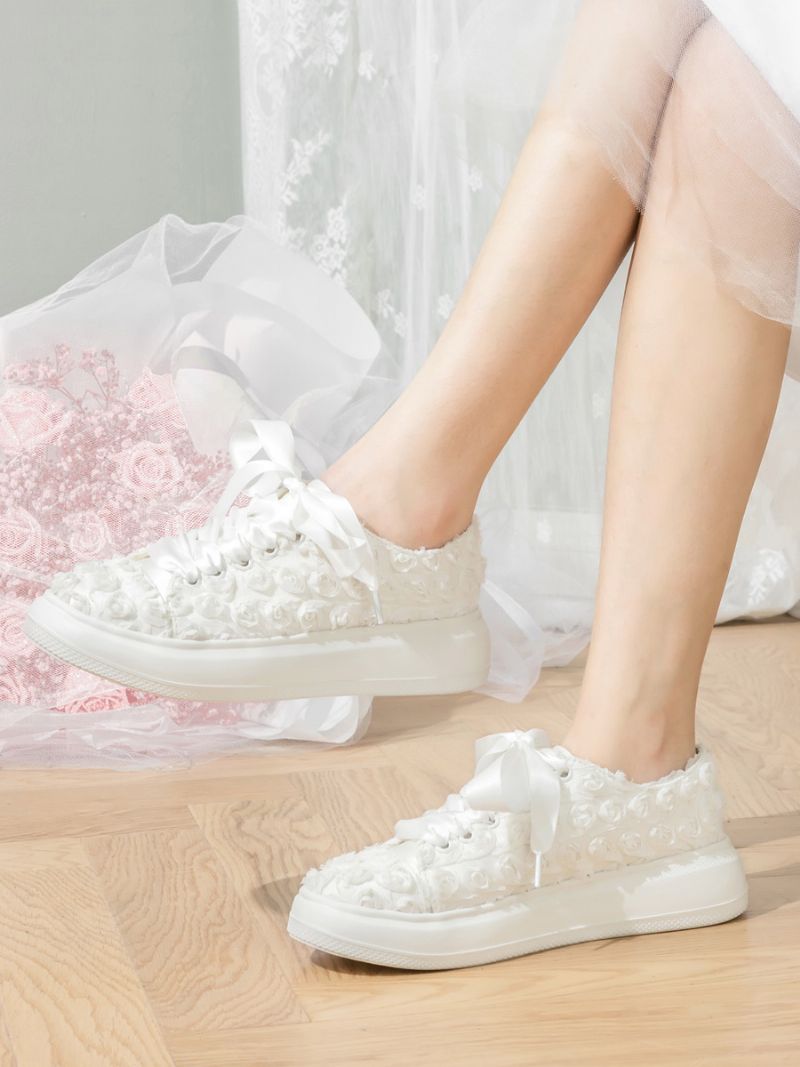 Damskie Płaskie Buty Ślubne Ivory Flower Detal Okrągłe Noski - Kość Słoniowa