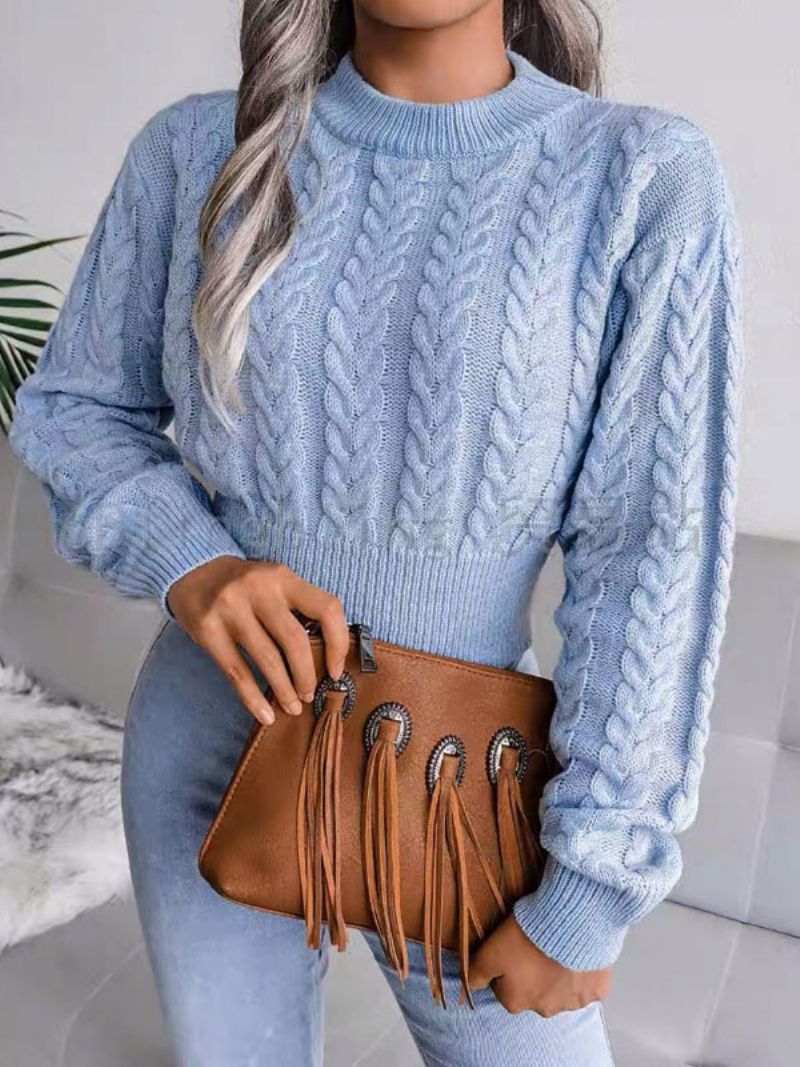 Damski Sweter Pulowerowy Baby Blue Jewel Neck Z Długimi Rękawami Bawełniane Swetry - Baby Blue