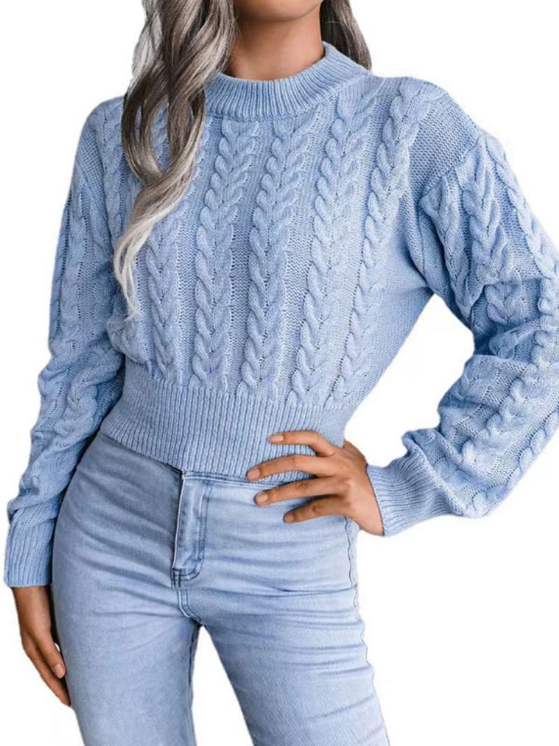 Damski Sweter Pulowerowy Baby Blue Jewel Neck Z Długimi Rękawami Bawełniane Swetry - Baby Blue