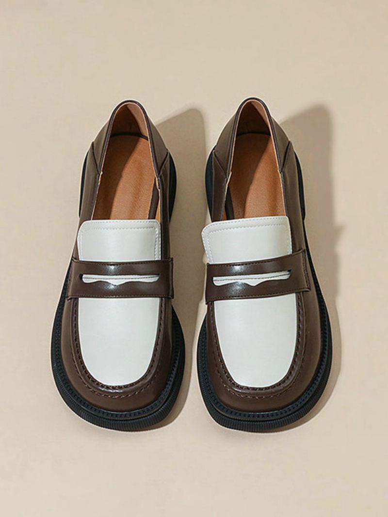 Damskie Buty Typu Penny Loafers Z Okrągłym Noskiem - Głęboki Brąz