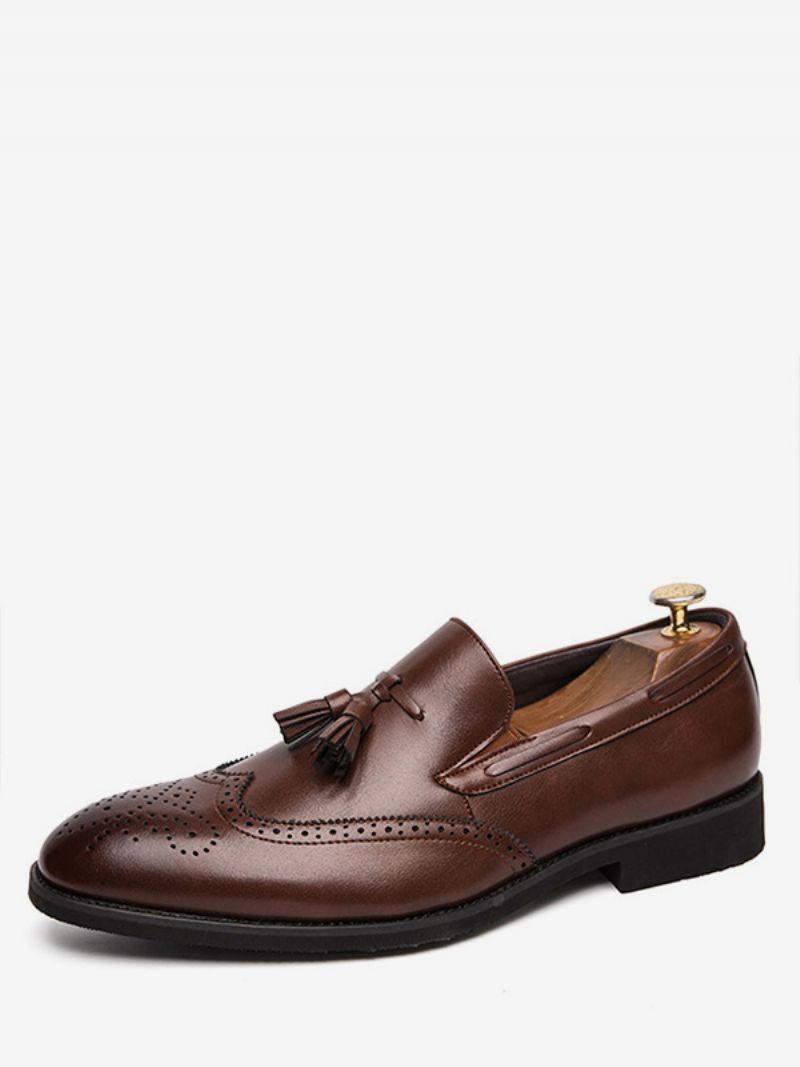 Męskie CZarne Wingtip Loafer Slip-on Balowe Buty Ślubne Z Frędzlami