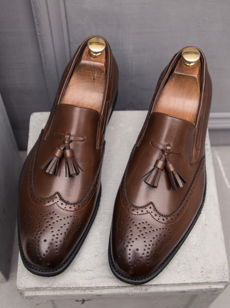 Męskie CZarne Wingtip Loafer Slip-on Balowe Buty Ślubne Z Frędzlami - Kawowy Brązowy