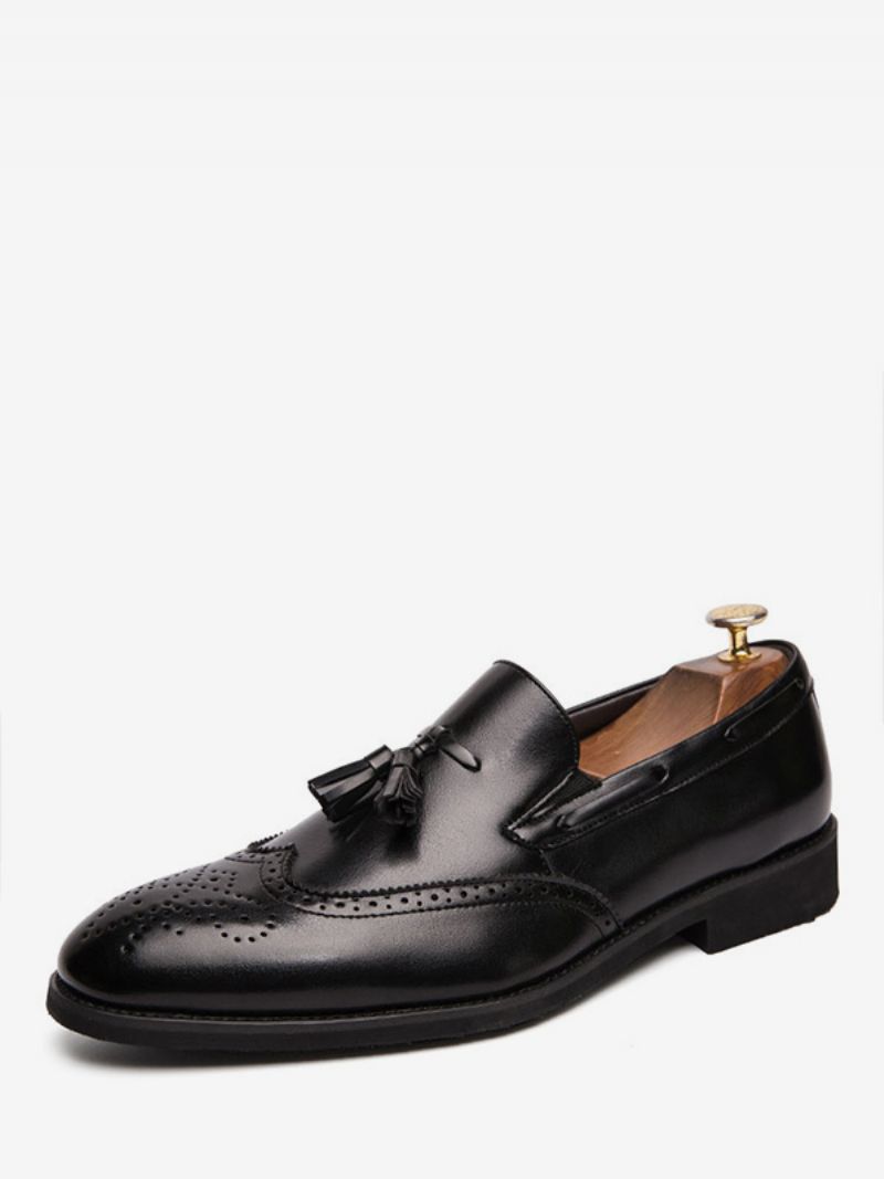 Męskie CZarne Wingtip Loafer Slip-on Balowe Buty Ślubne Z Frędzlami - Czarny