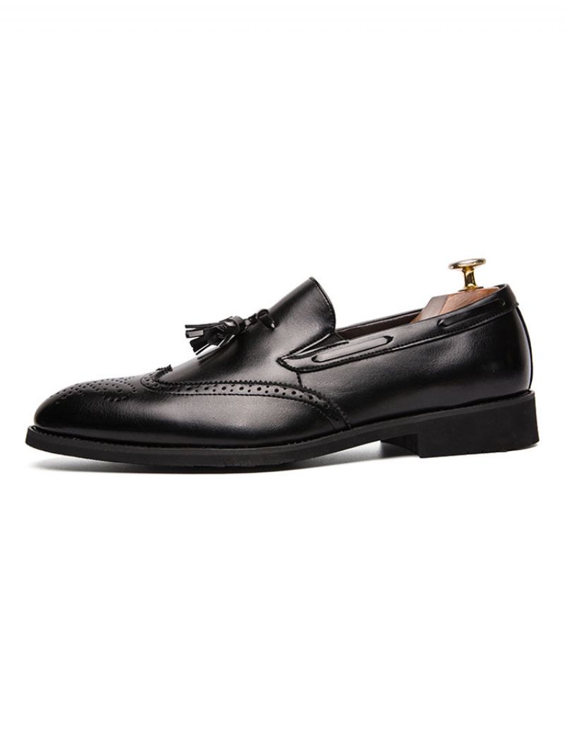 Męskie CZarne Wingtip Loafer Slip-on Balowe Buty Ślubne Z Frędzlami - Czarny