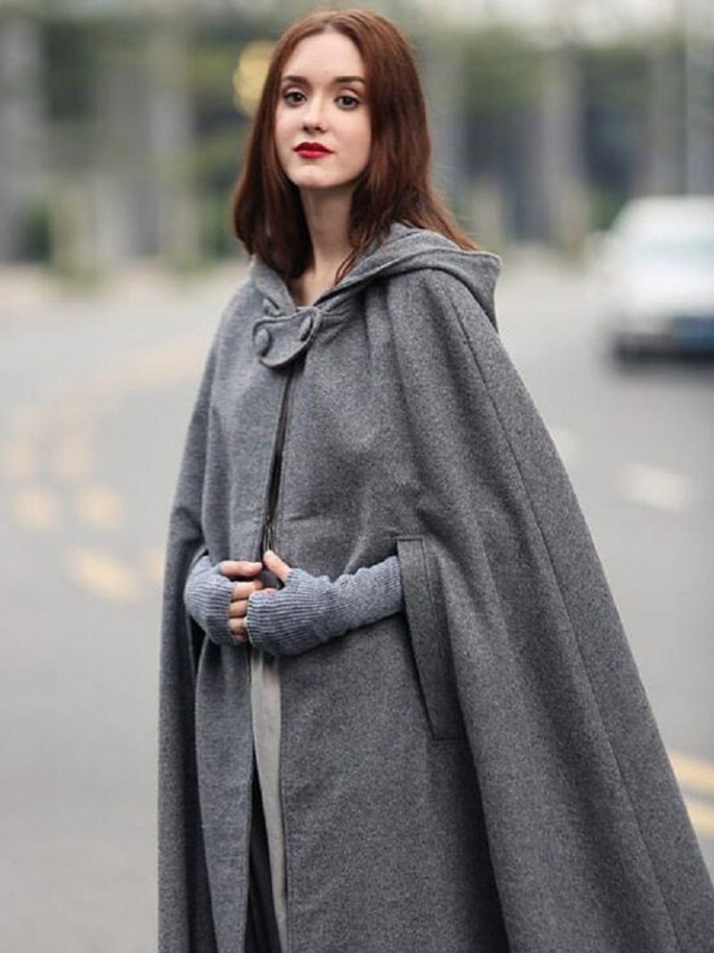 Damskie Poncho Z Kapturem Hunter Green Nadwymiarowe Cape - Szary