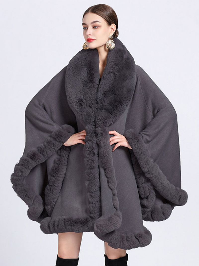 Płaszcz Cape Faux Fur Bride Okłady Poncho Dla Kobiet - Głęboki Szary