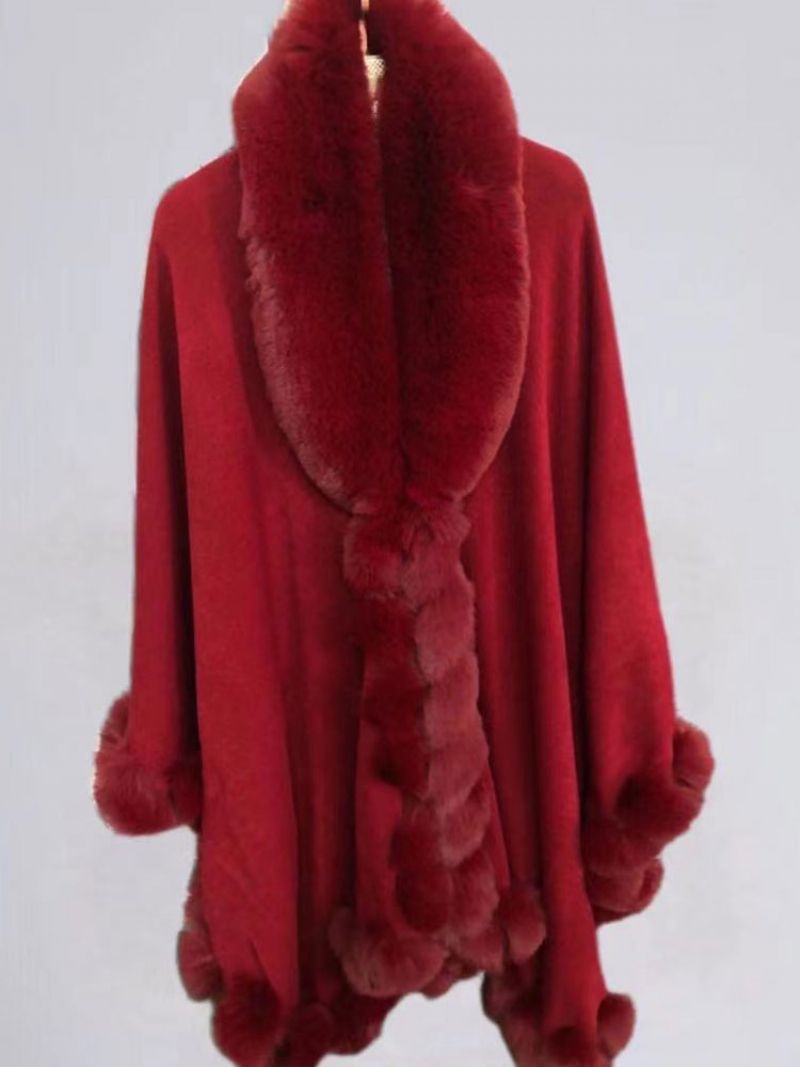 Płaszcz Cape Faux Fur Bride Okłady Poncho Dla Kobiet - Burgunda