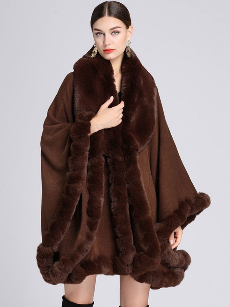 Płaszcz Cape Faux Fur Bride Okłady Poncho Dla Kobiet - Kawowy Brąz