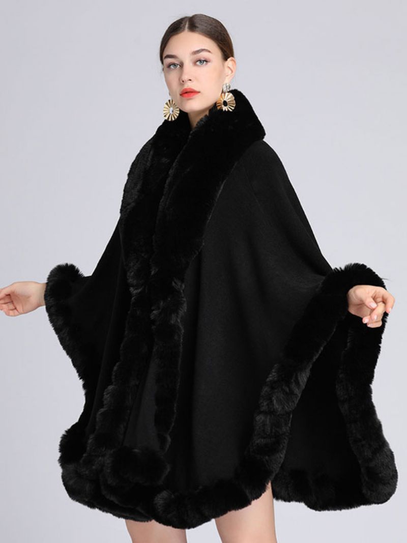 Płaszcz Cape Faux Fur Bride Okłady Poncho Dla Kobiet - Czarny