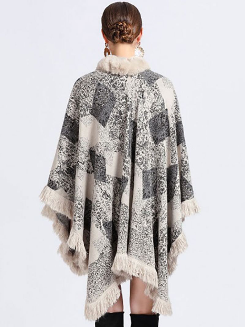 Płaszcz Cape Faux Fur Okłady Szal Wiosenny Poncho Dla Kobiet - Beżowy