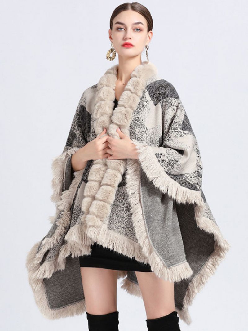 Płaszcz Cape Faux Fur Okłady Szal Wiosenny Poncho Dla Kobiet - Beżowy