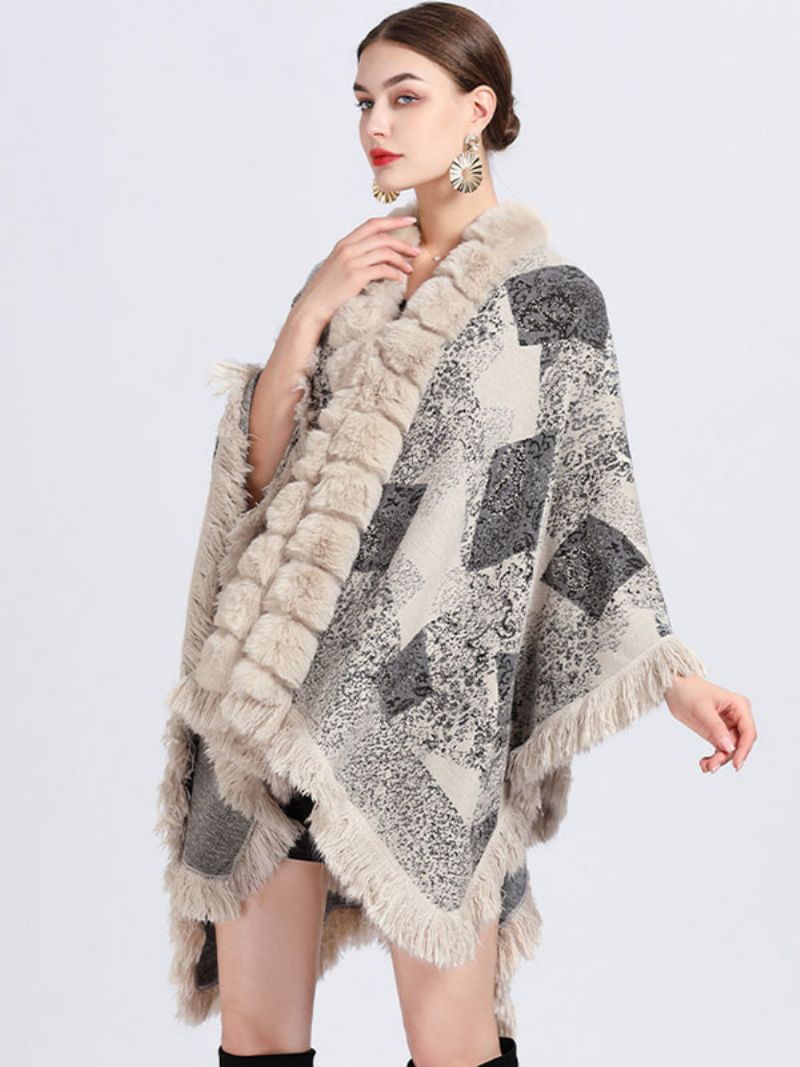 Płaszcz Cape Faux Fur Okłady Szal Wiosenny Poncho Dla Kobiet - Beżowy