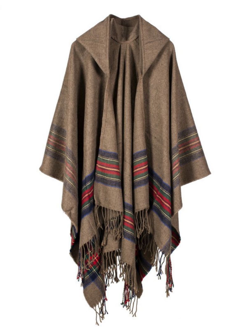 Szalik W Stylu Boho Z Frędzlami I Peleryna Poncho Dla Kobiet - Khaki