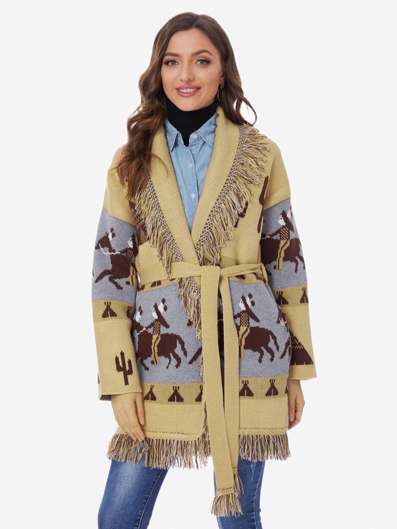 Damskie Żakardowe Kardigany Z Frędzlami I Paskiem Inspirowane Stylem Boho Sweter Wełną - Camel