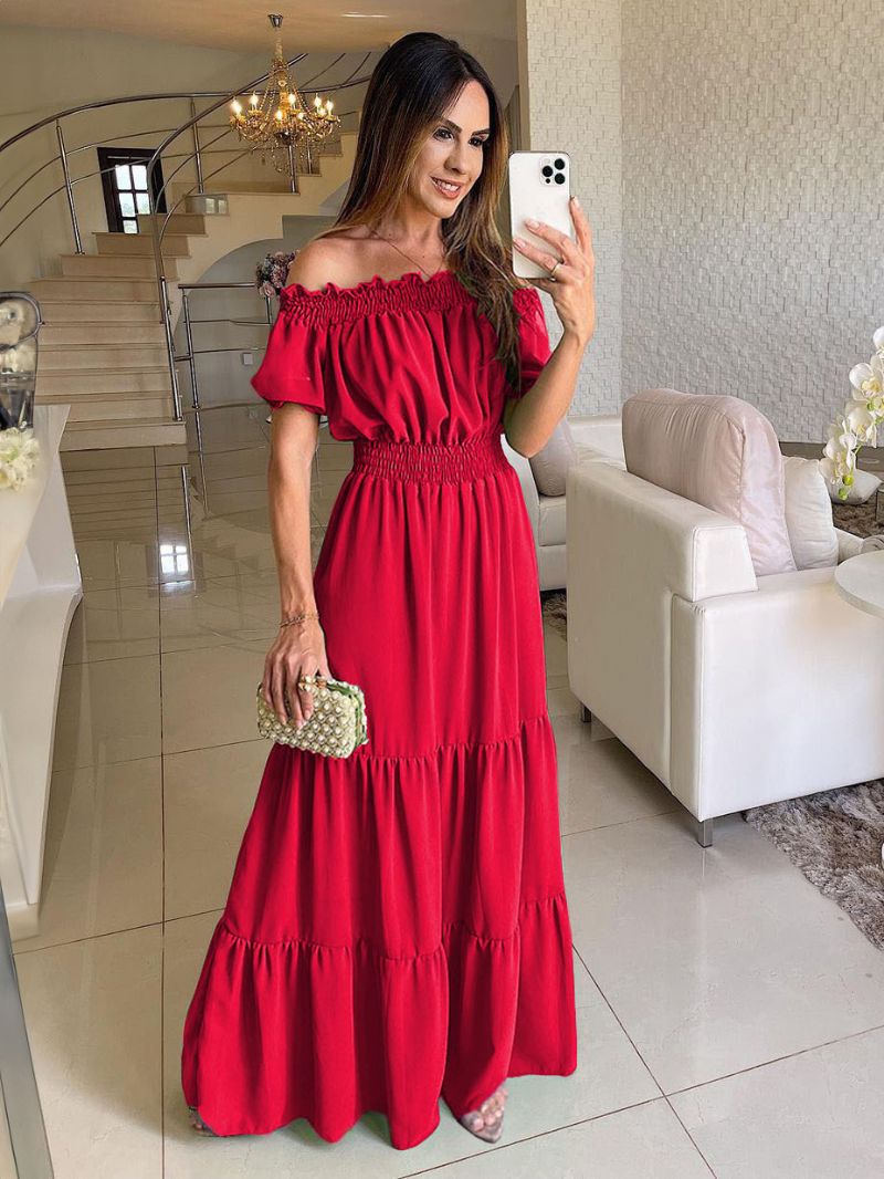 Damska Sukienka Boho Z Odkrytymi Ramionami Plisowana Wielowarstwowa W Stylu Casual Letnia Maxi - Czerwony