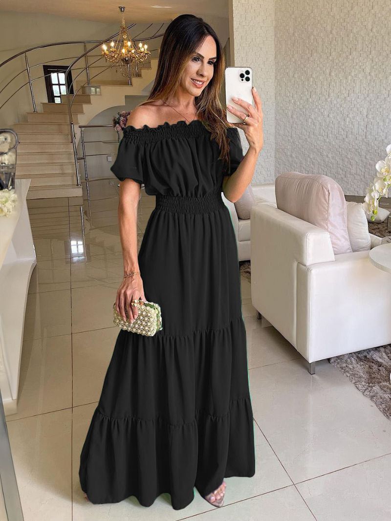 Damska Sukienka Boho Z Odkrytymi Ramionami Plisowana Wielowarstwowa W Stylu Casual Letnia Maxi - Czarny