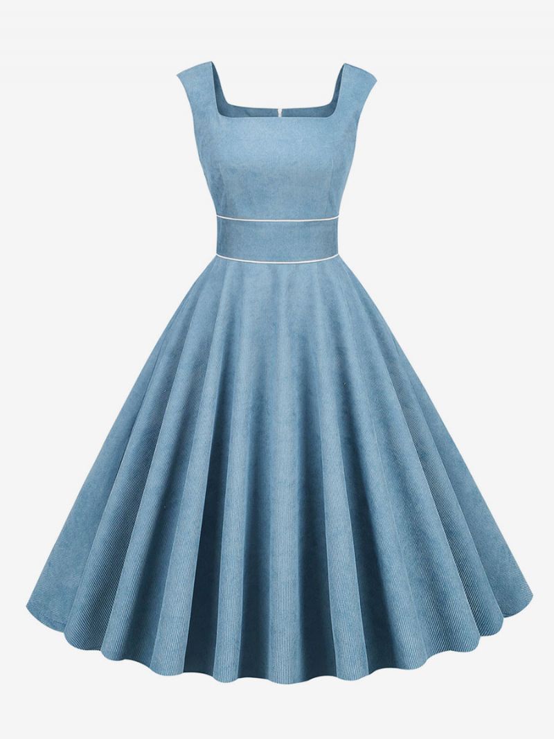 Damska Sukienka Retro Lata 50 Styl Audrey Hepburn Błękitna Lamówka Bez Rękawów Kwadratowy Dekolt Średnia W Stylu Rockabilly - Baby Blue