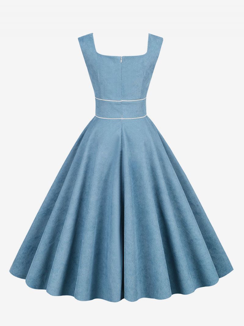 Damska Sukienka Retro Lata 50 Styl Audrey Hepburn Błękitna Lamówka Bez Rękawów Kwadratowy Dekolt Średnia W Stylu Rockabilly - Baby Blue