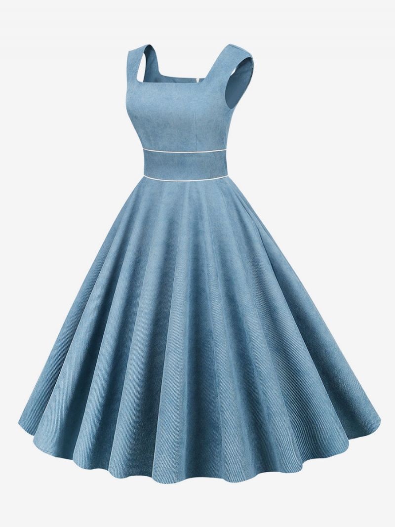 Damska Sukienka Retro Lata 50 Styl Audrey Hepburn Błękitna Lamówka Bez Rękawów Kwadratowy Dekolt Średnia W Stylu Rockabilly - Baby Blue