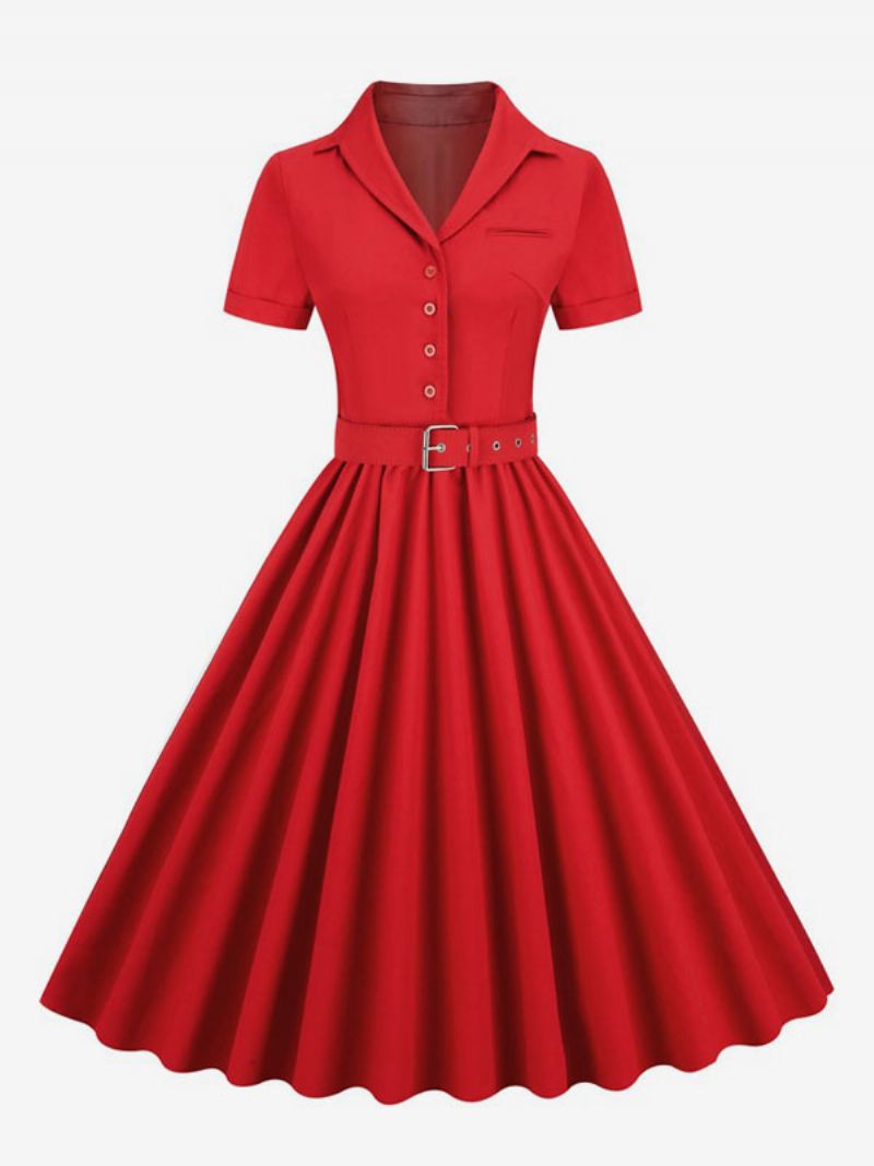 Damska Sukienka Retro Lata 50 Styl Audrey Hepburn Dekolt W Kształcie Litery V Guziki Warstwowe Krótkie Rękawy Średnia Stylu Rockabilly - Czerwony