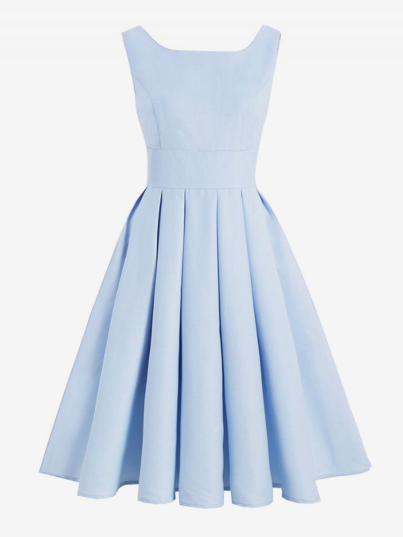 Damska Sukienka Vintage CZarna W Stylu Audrey Hepburn Z Lat 50 Plisowana Bez Rękawów Kwadratowym Dekoltem Średnia Rockabilly - Baby Blue