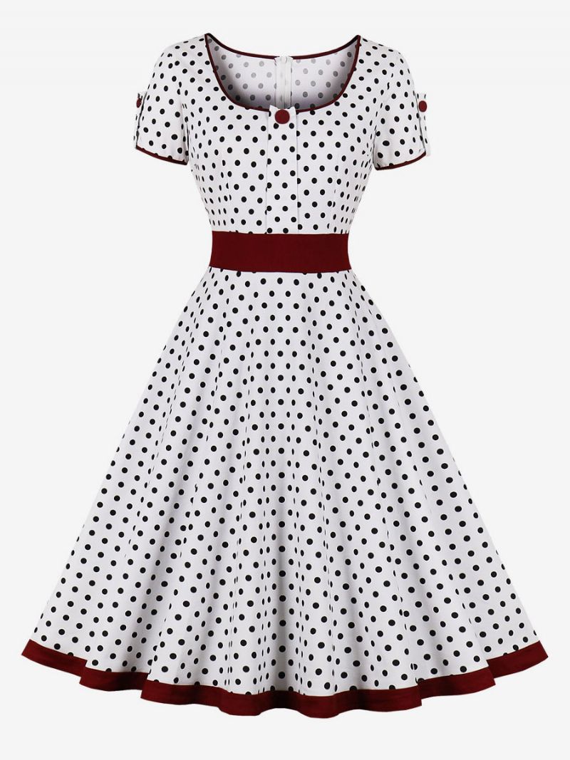 Sukienka Vintage Lata 50 Styl Audrey Hepburn Ciemnogranatowa W Kropki Damska Z Krótkimi Rękawami Stylu Rockabilly