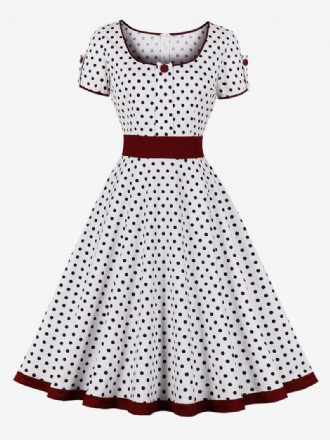 Sukienka Vintage Lata 50 Styl Audrey Hepburn Ciemnogranatowa W Kropki Damska Z Krótkimi Rękawami Stylu Rockabilly