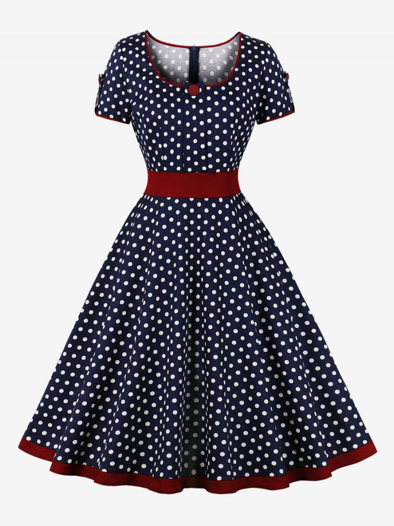 Sukienka Vintage Lata 50 Styl Audrey Hepburn Ciemnogranatowa W Kropki Damska Z Krótkimi Rękawami Stylu Rockabilly - Ciemny Granatowy